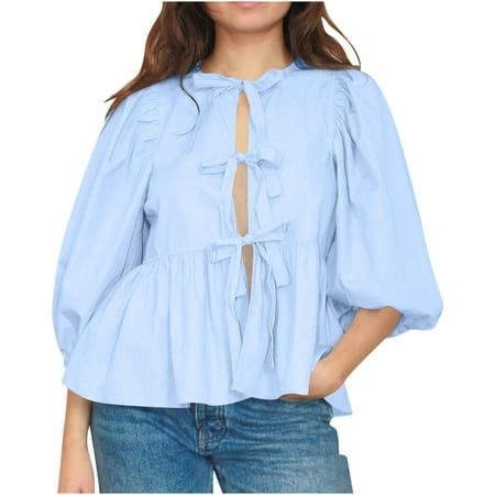 QIPOPIQ Women Bow Tie Front Shirt Top Cute Puff Sleeve Y2K Peplum Ruffle Babydoll Blouse Lace Up Summer Going Out Clearance