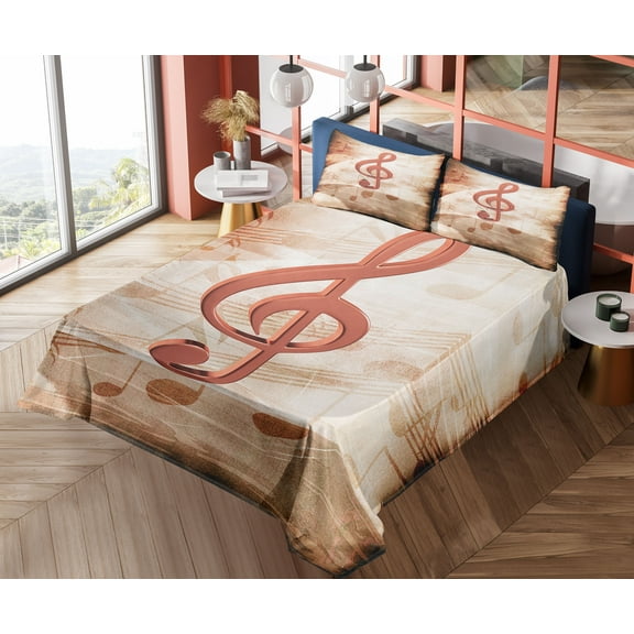 Ambesonne Music Fitted & Top Sheet Set with Shams, Grunge Abstract Notes, Champagne Burnt Sienna