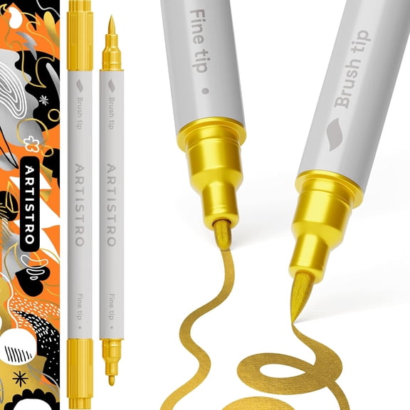 ARTISTRO 2 Gold Dual-Tip Acrylic Paint Pens - Multisurface Markers for Glass, Rock, Fabric, Wood, Plastic & More - 1 mm Fine & Brush Tips