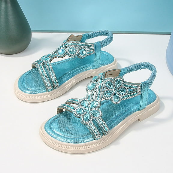 WERYOUNG Girls Sandals Summer Casual Sparkly Open Toe Rhinestone Slingback Soft Sole Bohemian Princess Shoes Toddler Cute Beach Vacation Flower Sandal,Blue,3.5-4 Years