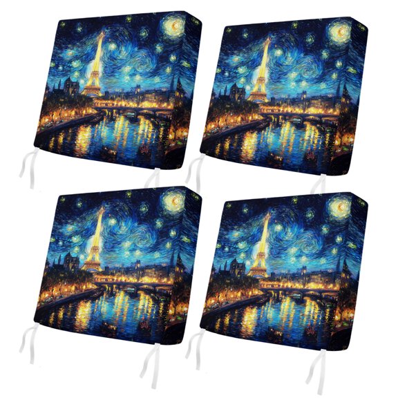 Outdoor Patio Cushion Covers 4 Pack Eiffel Tower Bridge Chair Pads Slipcovers with Ties & Zipper Waterproof Starry Night Impressionist Seat Cushion Covers for Outdoor Furniture Couch Sofa 22x20 Inch