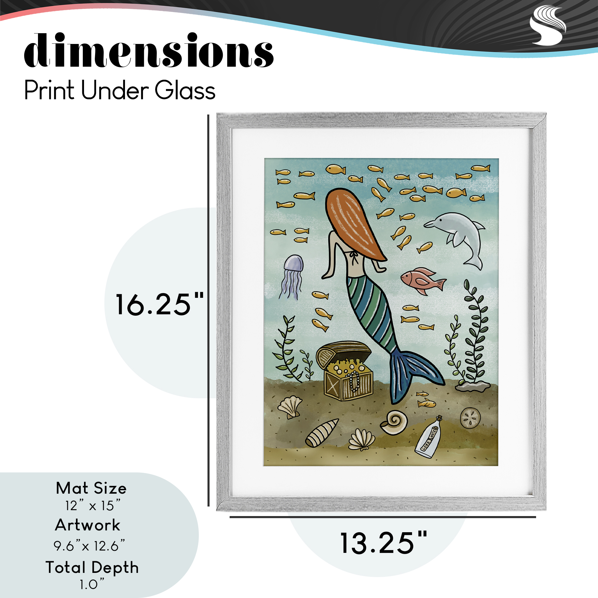 Mermaid Treasure Love Note Gray Framed Print Under Glass, design by Jennifer Stith