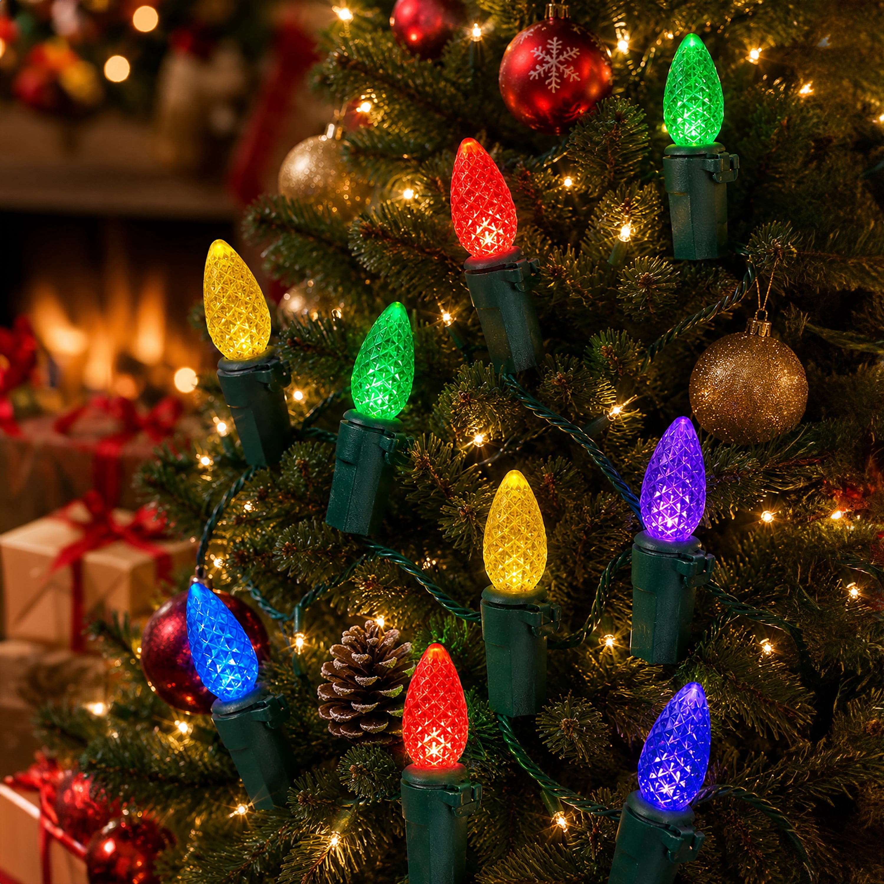 Indoor 20-Count Battery-Operated LED Diamond-Cut C3 Christmas String Lights, Multicolor, Green Wire, 6.33', by Holiday Time