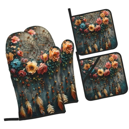 

Fotbe Floral Dreamcatcher Elegance for 4Pcs Oven Mitts and Pot Holders 500℉ Heat Resistant Oven Mitts Non-Slip Silicone Surface Safe for Baking Cooking BBQ