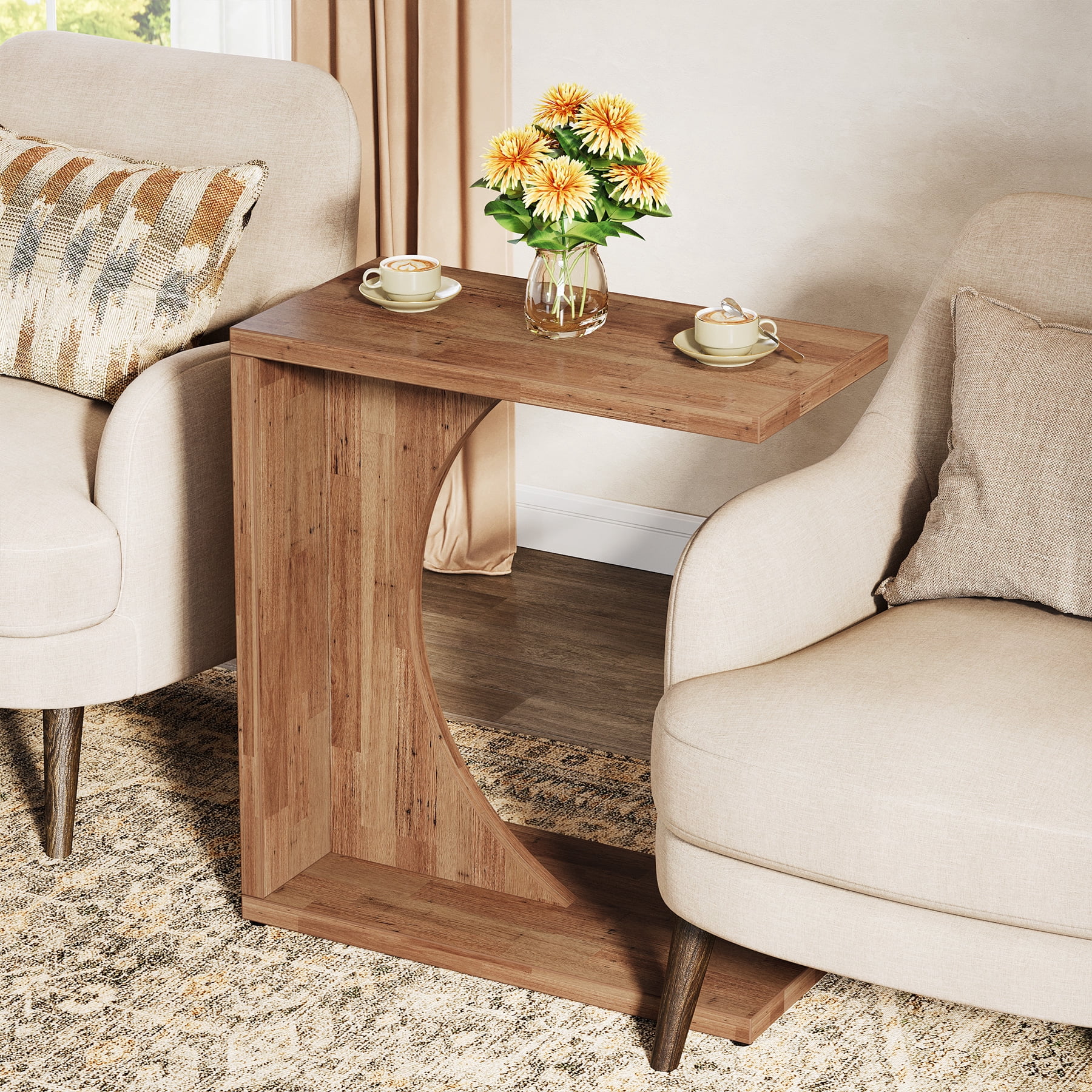 Fnova End Table Farmhouse C-shaped Side Table, Narrow Wooden Sofa Table with Space-Saving Design, Modern Bedside Table, Easy Assembly, Corner Table for Living Room, Bedroom, Nightstand, Brown