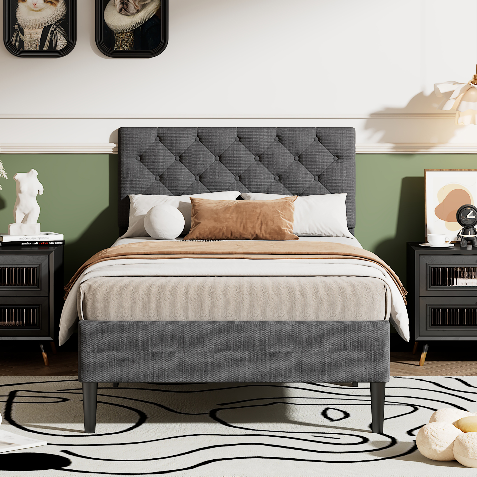 Modern Upholstered Platform Twin Bed Frame, Heavy Duty Twin Bed Frame with Headboard, Gray Twin Bed Frame with Wood Slat Support, Mattress Foundation for Adults Kids, No Box Spring Needed, Q10586 - image 2 of 10