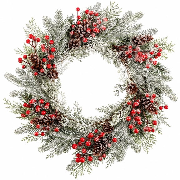 22 Inch Christmas Wreath for Front Door, Frosted Norfolk Pine Wreath with Red Berries & Pine Cones, Winter Wreaths for Wall, Bedroom, Back Door Holiday Decor