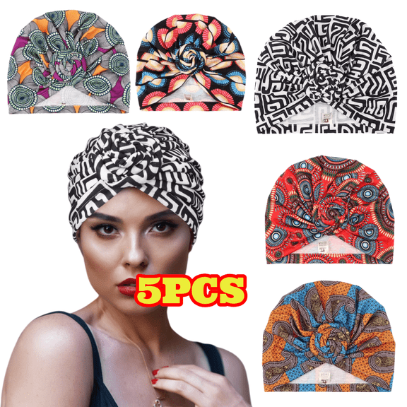 5pcs Knotted Head Wraps for Women, African Turban Beanie Head Caps for Women, Hair Covers