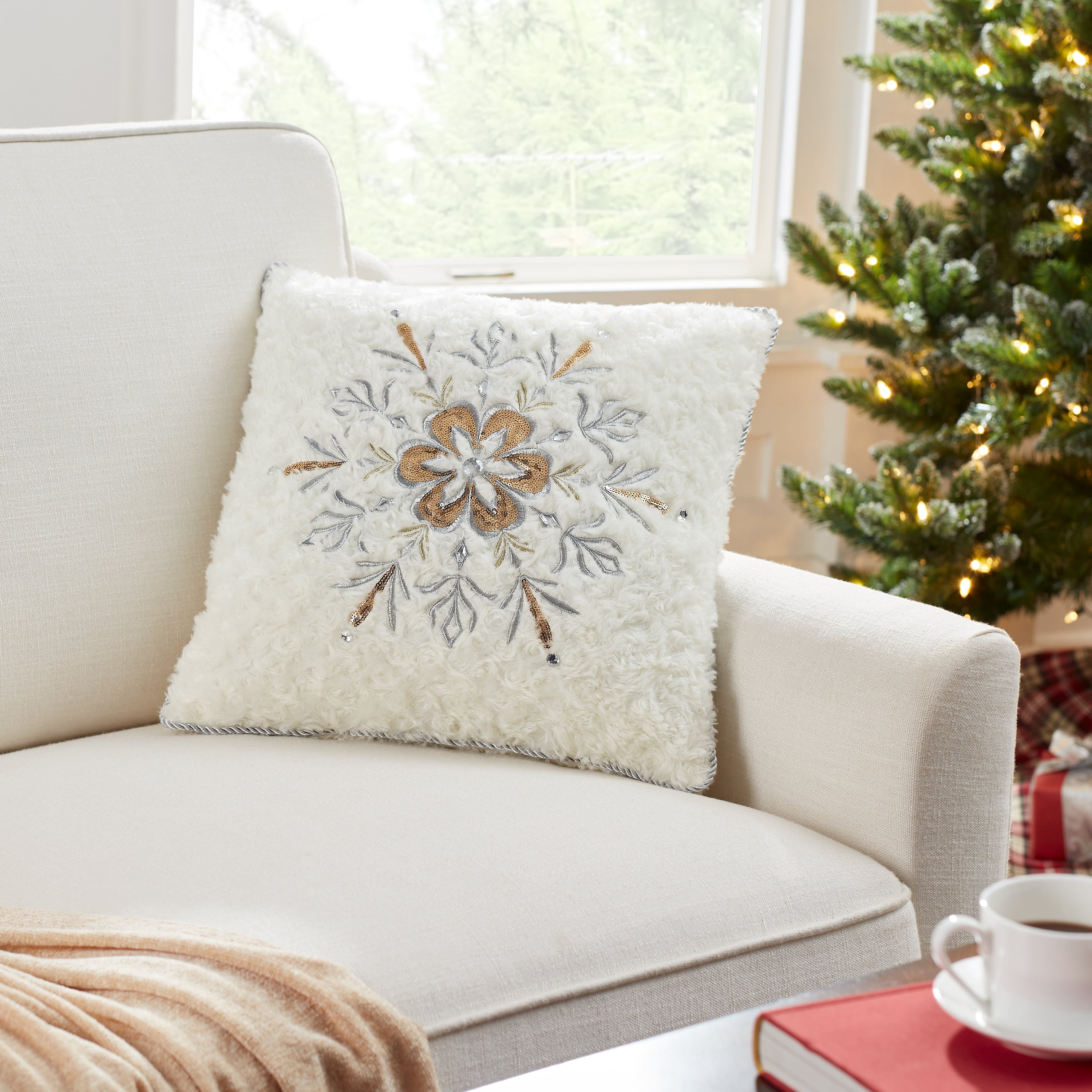 White Christmas Throw Pillow with Silver Sequin Snowflake