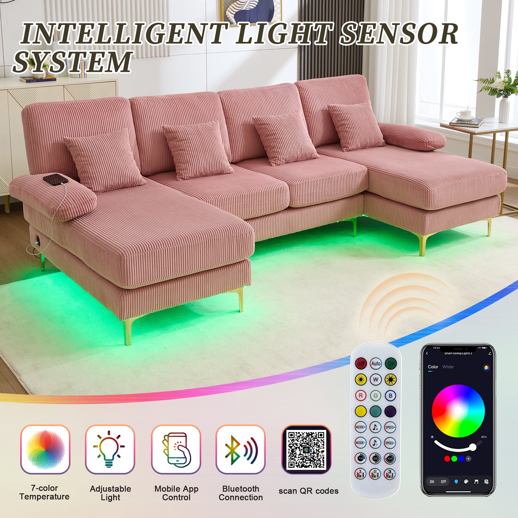 MOONMISS Corduroy Upholstered U-shaped Adjustable Light Modular Sectional Sofa With Type-C and USB ports-Pink