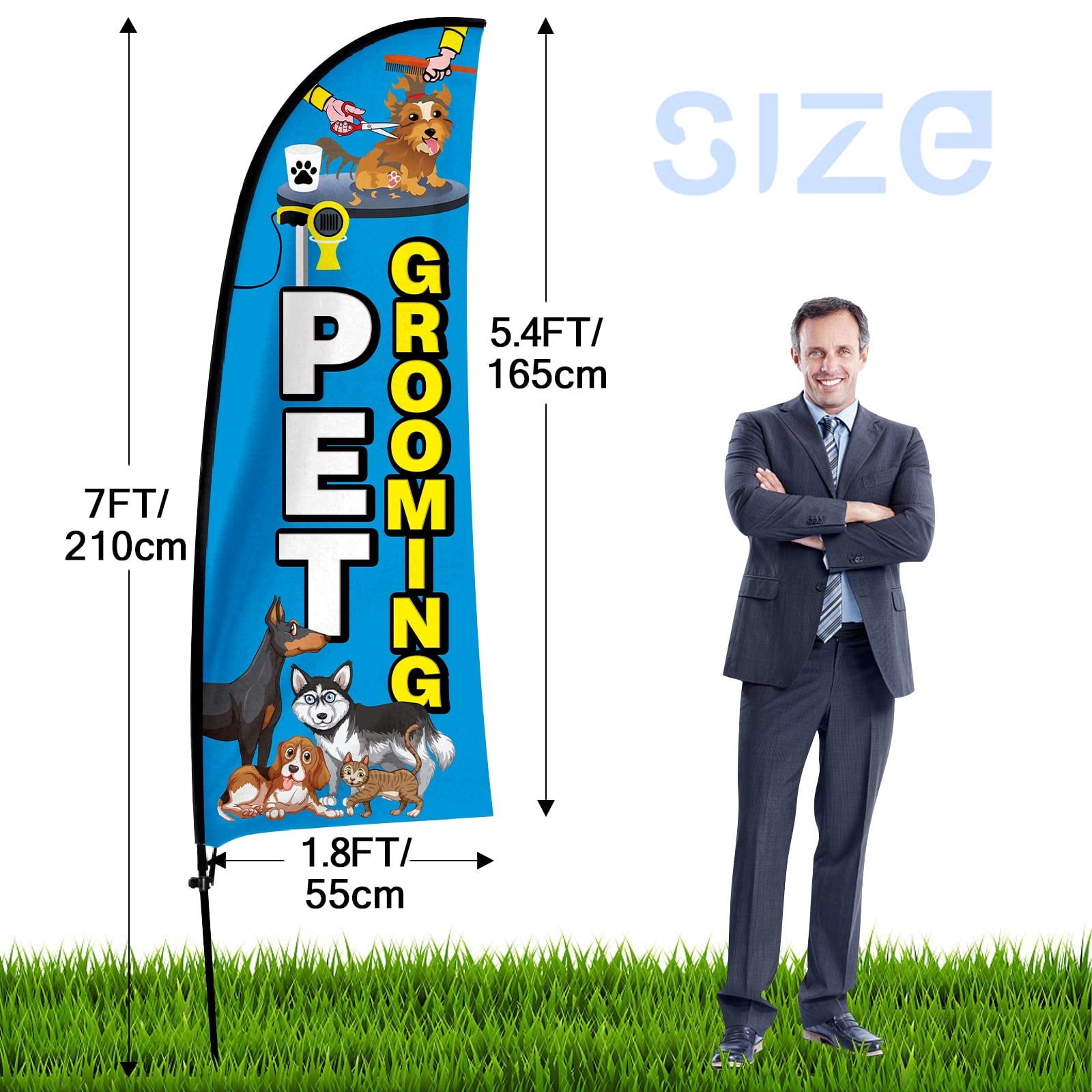 QSUM Pet Grooming Sign Feather Flag with Pole Kit,7FT Pet Grooming Decoration Display, Pet Grooming Business Sign,Pet Grooming Swooper Flag，Advertising Flag