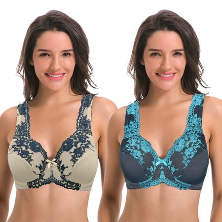 

Curve Muse Women s Minimizer Unlined Underwire Bra With Lace Embroidery-2 pack-GRAY NUDE-38D