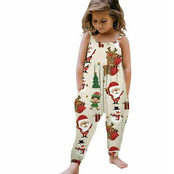 Odeerbi 1-6Y Toddler Boys Girls Christmas Romper Jumpsuit Soft Floral Overall Pants Christmas Print Children's Printing Sling Sleeveless Backless Suspenders Pants Baby Clothes Green