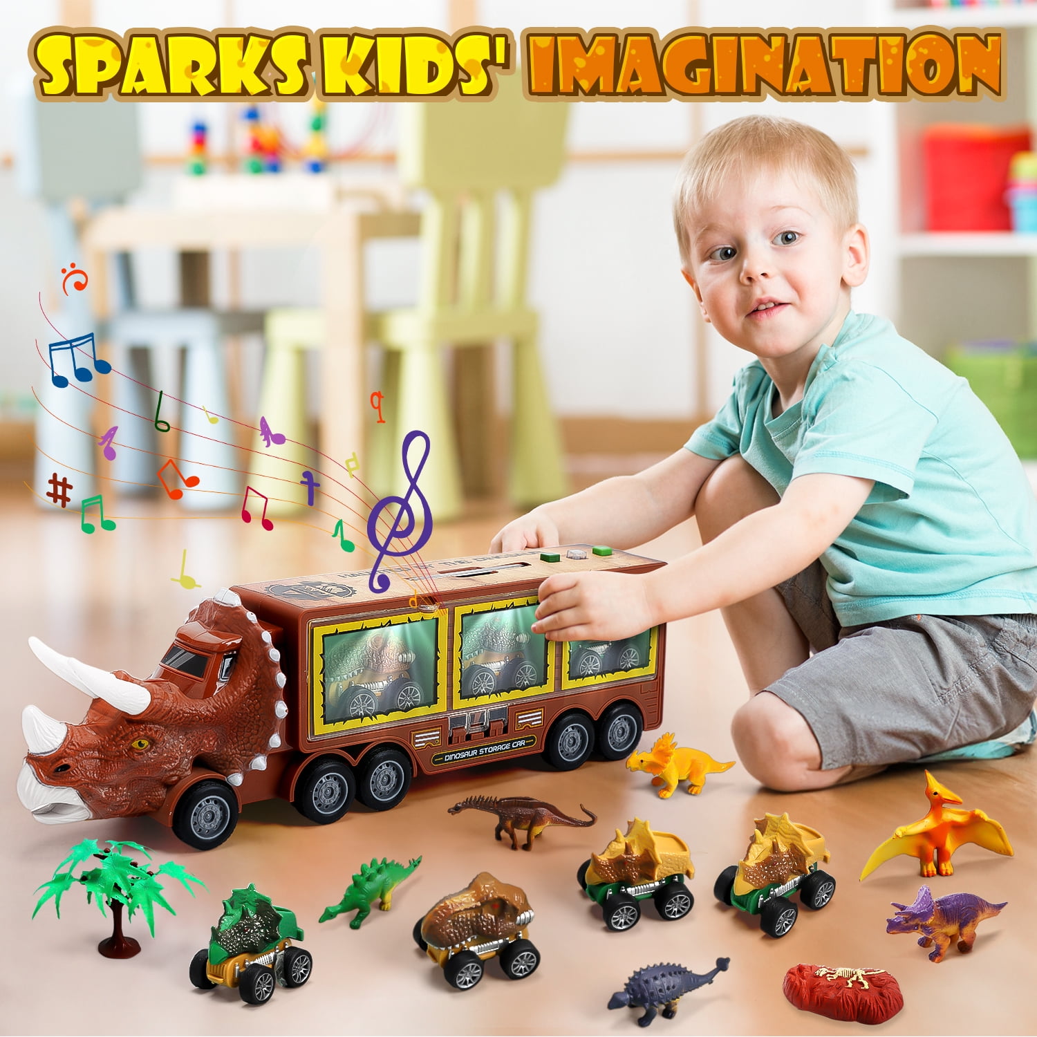 JoyStone 20 in 1 Dinosaur Truck Toys with Lights & Sounds,  Dinosaur Play Set for Kids 3-5 Years, Including 6 Pull Back Cars, 6 Dino Figures, Birthday Gift for Boys Girls, Brown