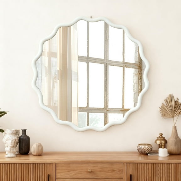 White 30 inch Wavy Round Solid Wood Frame Decorative Mirror,For Bedroom, Bathroom, Living Room, Entryway
