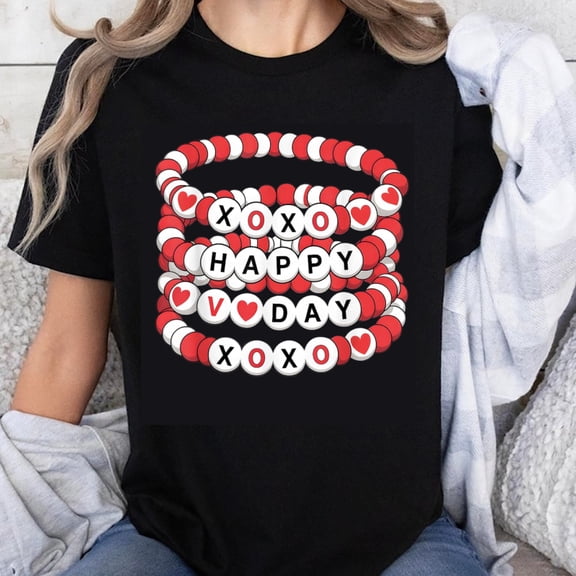 100% Cotton Happy Valentine's Day XOXO Heart Bracelet Design T-Shirt
