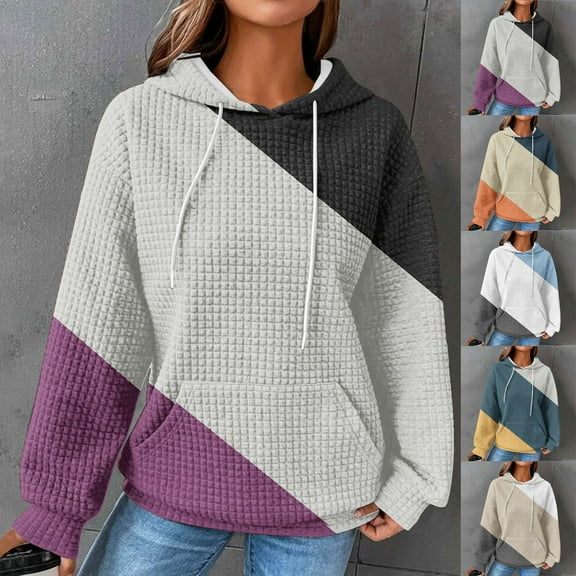 HAPIMO Women's Casual Cotton Linen Loose Waffle Shirts with Pockets Crew Neck Pullovers Drawstring Fashion Long Sleeve Hoodies Sweatshirts Outfits Color Block Tops Beige L