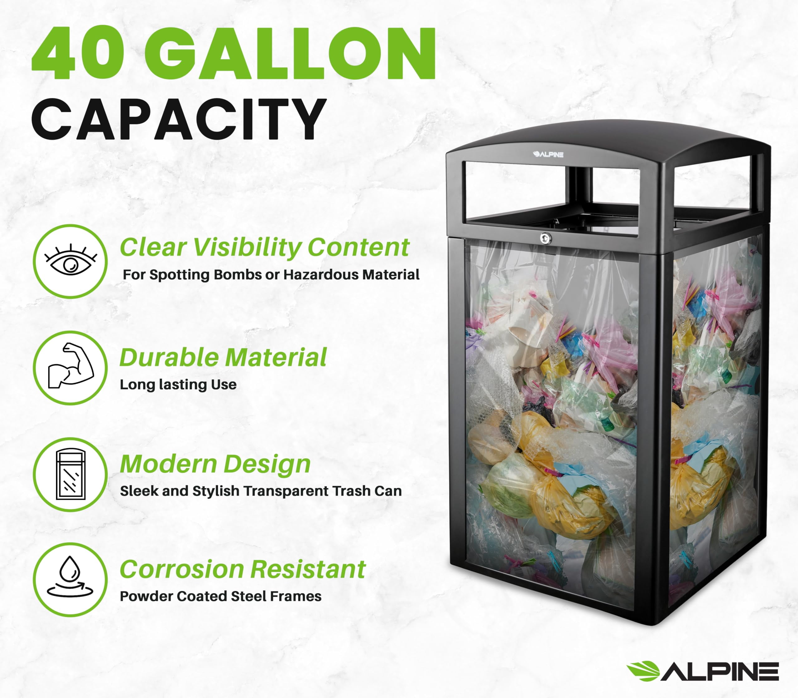 Alpine 40 Gallon Commercial Clear Trash Can with Lid for Outdoor & Indoor - DHS Complaint See Through Security Trash Bin, Transparent Garbage Bin for TSA in Airpot, Train Station, Bus Station, Mall