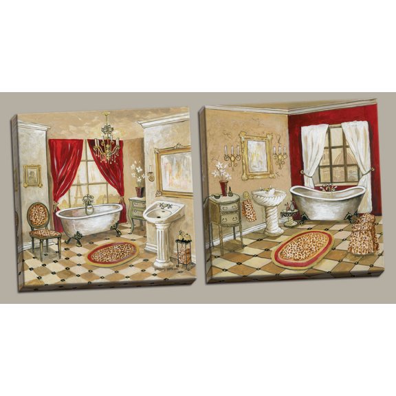 French Inspired Leopard Print Florentine Bath Settings; Two 16x16in Stretched Canvases; Ready to hang!