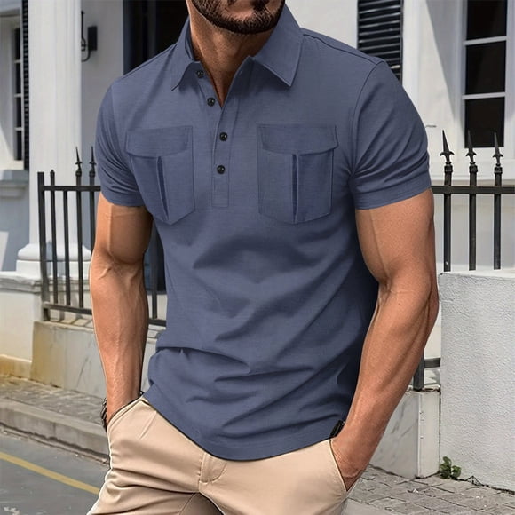 Adult Mens Polos Shirt Short Sleeve Button Polo Tees Loose Fit Gray Mens Summer Outfits