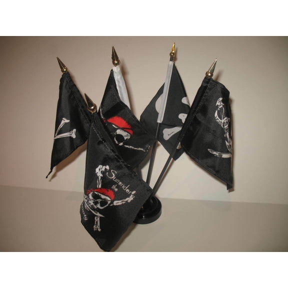Jolly Roger JR Pirate Pirates 5 Flag Set 5 Flags 4"x6" Desk Set Table Black Base