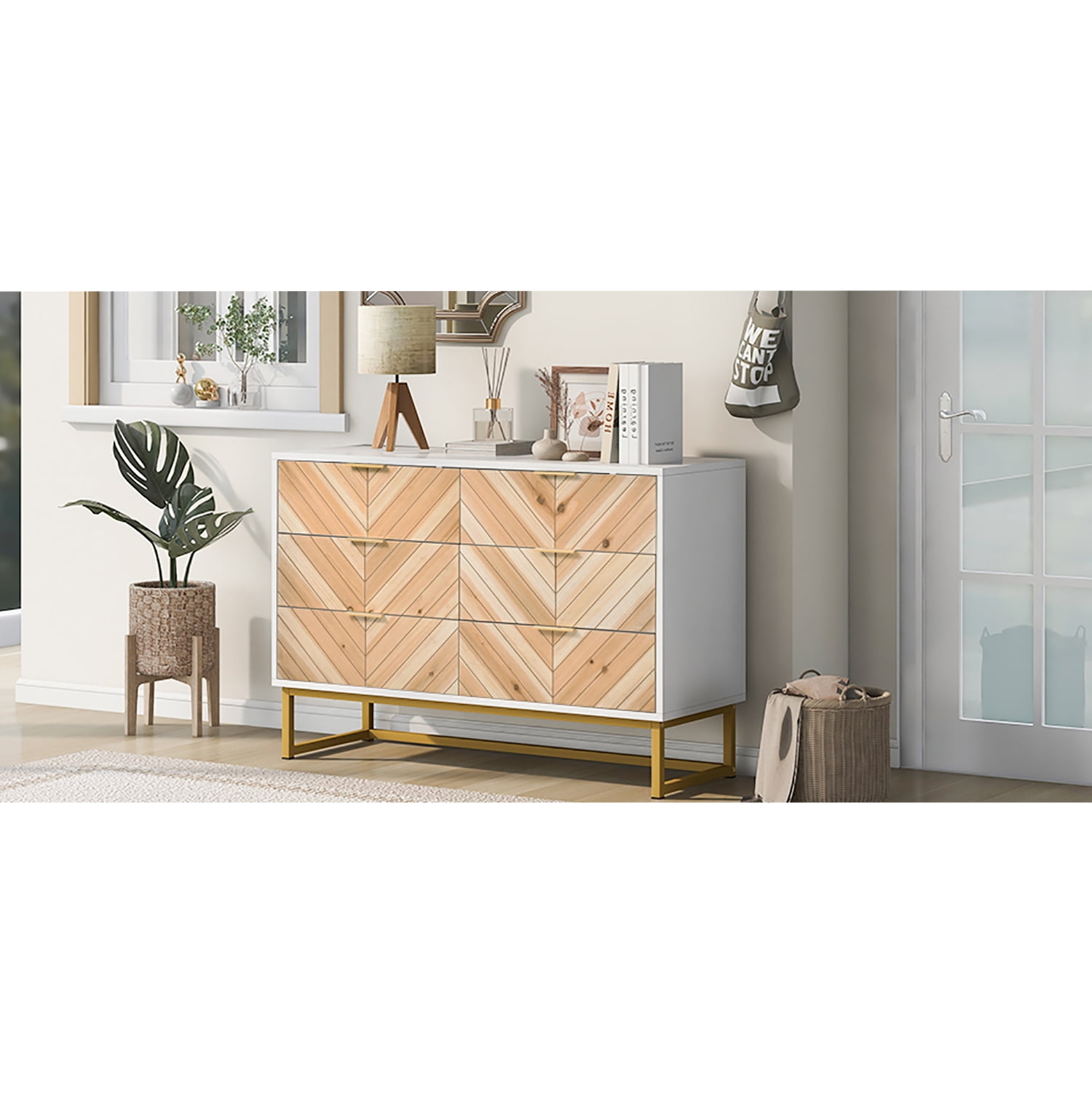 Kadyn 6 Drawer Dresser, Chest of Drawers with Metal Leg and Handle, Particle Board Storage Cabinet for Bedroom, White+Natural Kadyn 6 Drawer Dresser, Chest of Drawers with Metal Leg and Handle, Particle Board Storage Cabinet for Bedroom, White+Natural