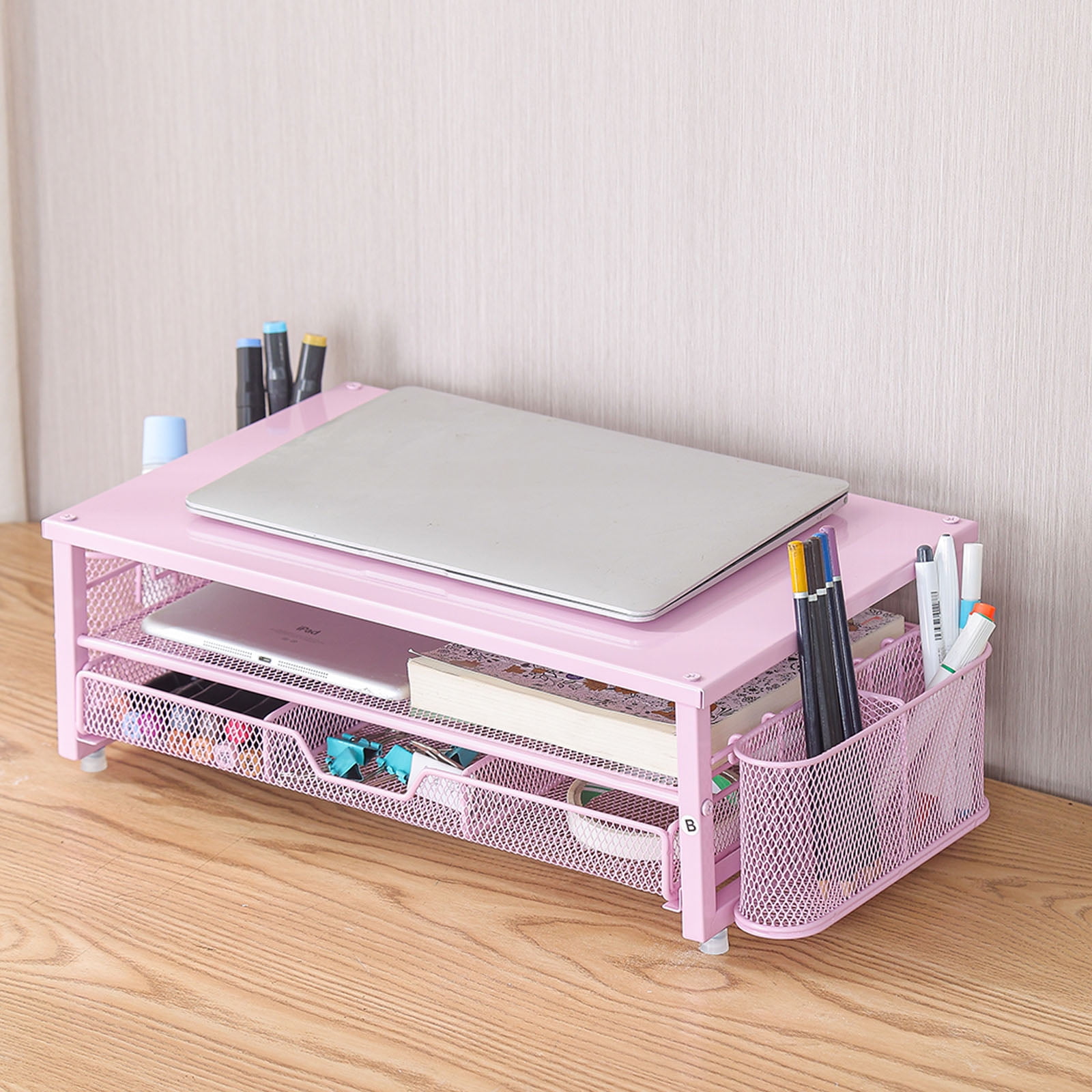 Metal Screen Stand with Ventilation Drawer and Side Storage Computer Monitor Stand Laptop Stand Desk Organiser Shelf