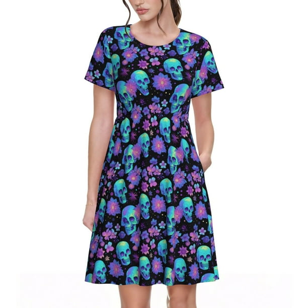 Fotbe purple flower blue Skull Vestido Largo de Moda para Mujer, Vestido Tipo Camiseta con Manga Corta y Estilo Casual a Rayas y Bloques de Color