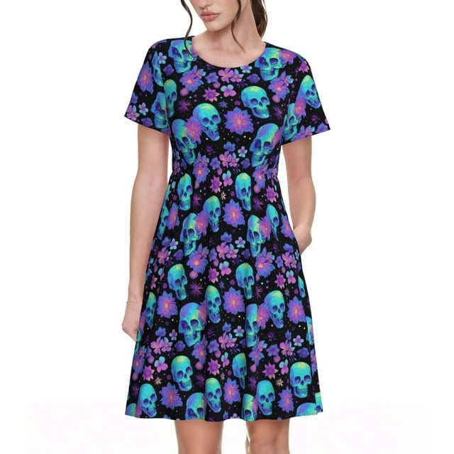 Fotbe purple flower blue Skull Vestido Largo de Moda para Mujer, Vestido Tipo Camiseta con Manga Corta y Estilo Casual a Rayas y Bloques de Color