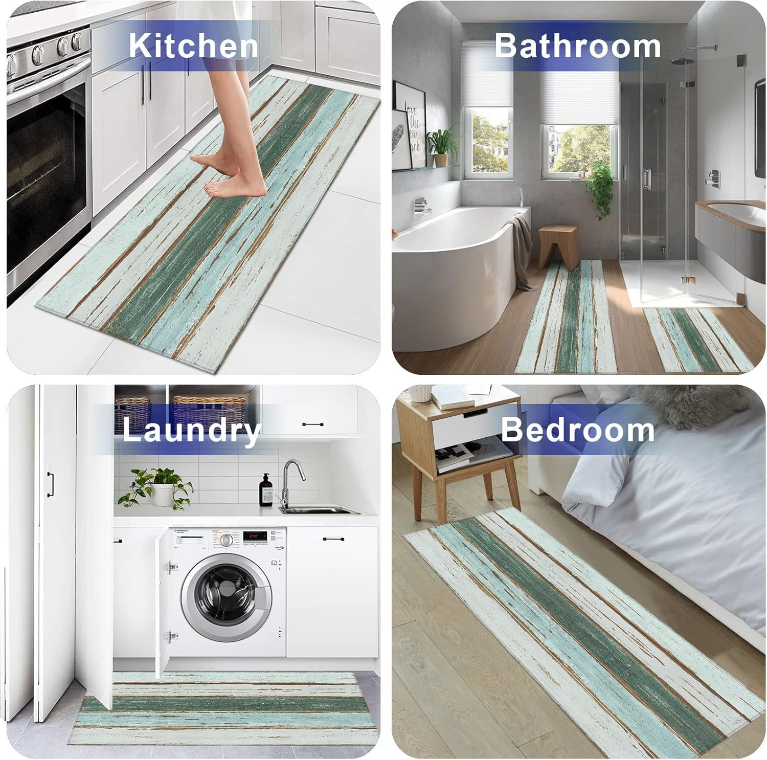 Farm Country Kitchen Rugs and Mats Set of 2, Shabby Teal Wood Grain Non-Slip Floor Doormat Comfort Area Runner Rug and Mat, Retro Wooden Plank Indoor Entrance Carpet Home Decor