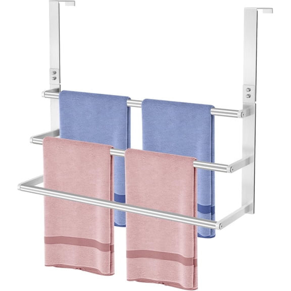 24Inch Brushed Nickel Over The Door Towel Rack,  Stainless Steel Over Door Towel Holder, Door Towel Hanger with 3 Tier Towel Bars, Over Door Towel Storage for Bathroom