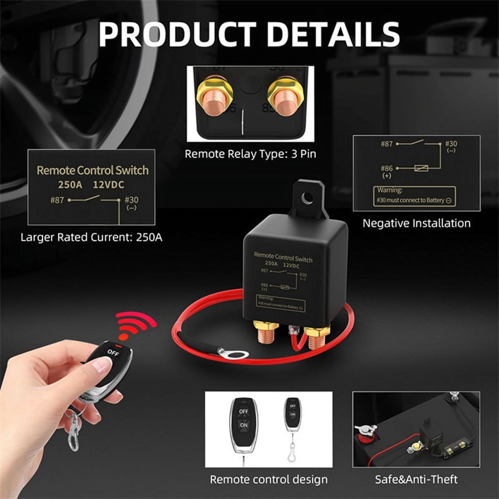 For Car 12V Remote Battery Disconnect Switch 250A Anti-Theft Remote Control Switch with Two Wireless Remote Control