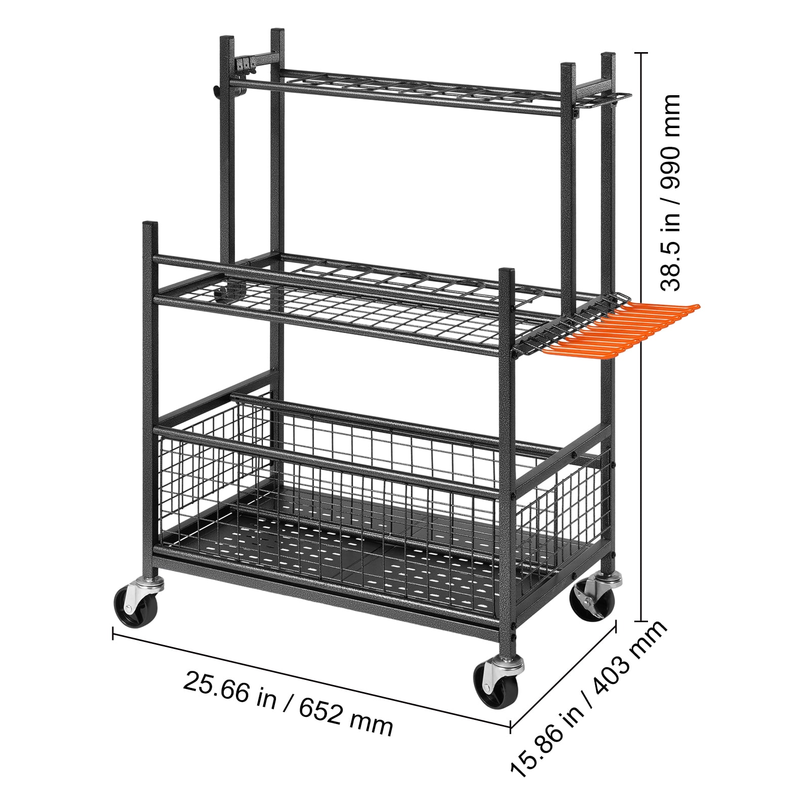 KFFKFF Garden Tool Storage Rack with Wheels Garage Organizer 16 Slots with Hooks