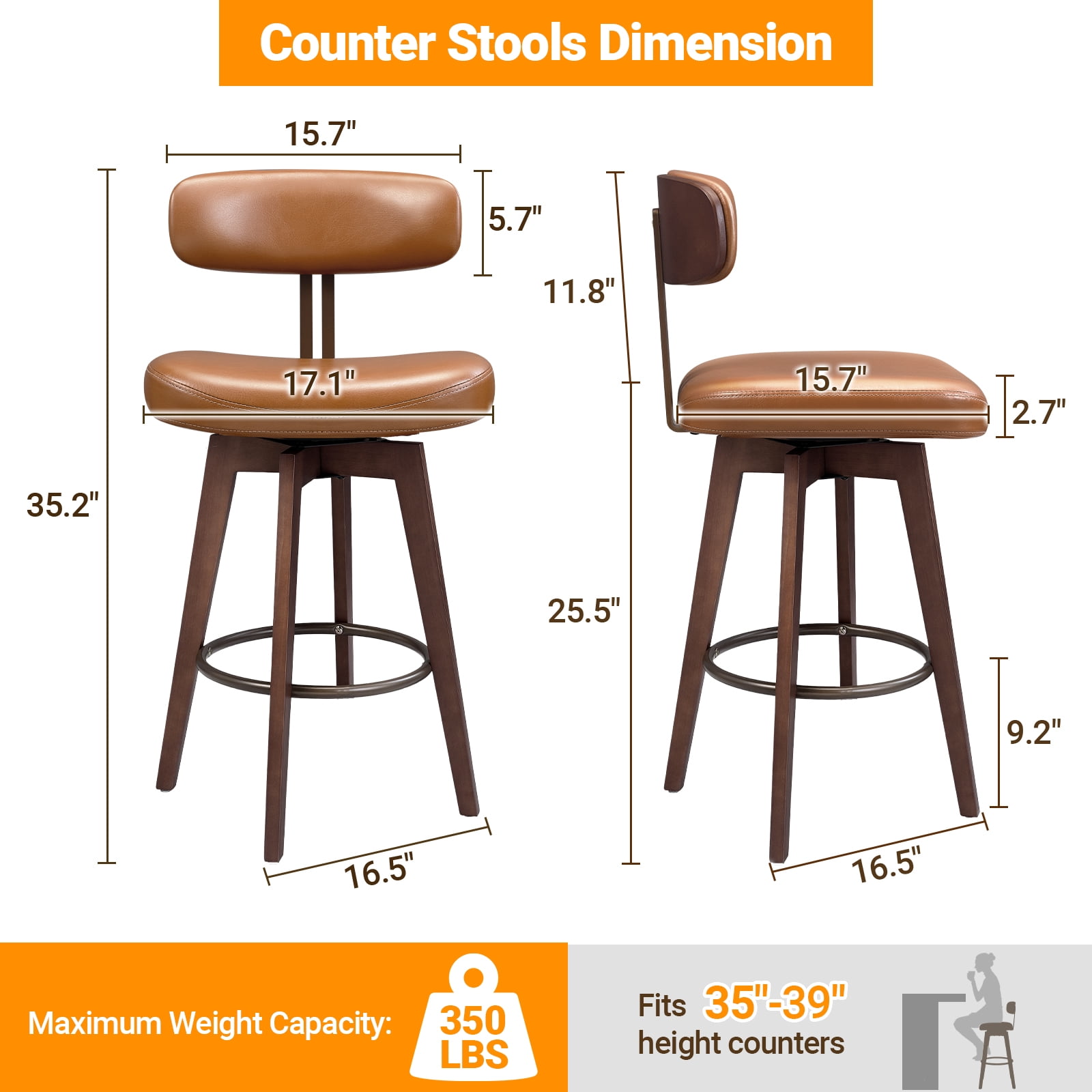 TrumanPick 26" Swivel Bar Stools Set of 2, Brown Faux Leather Counter Height Swivel Barstool with Back & Solid Rubberwood Legs, Counter Stools for Kitchen Island Pub