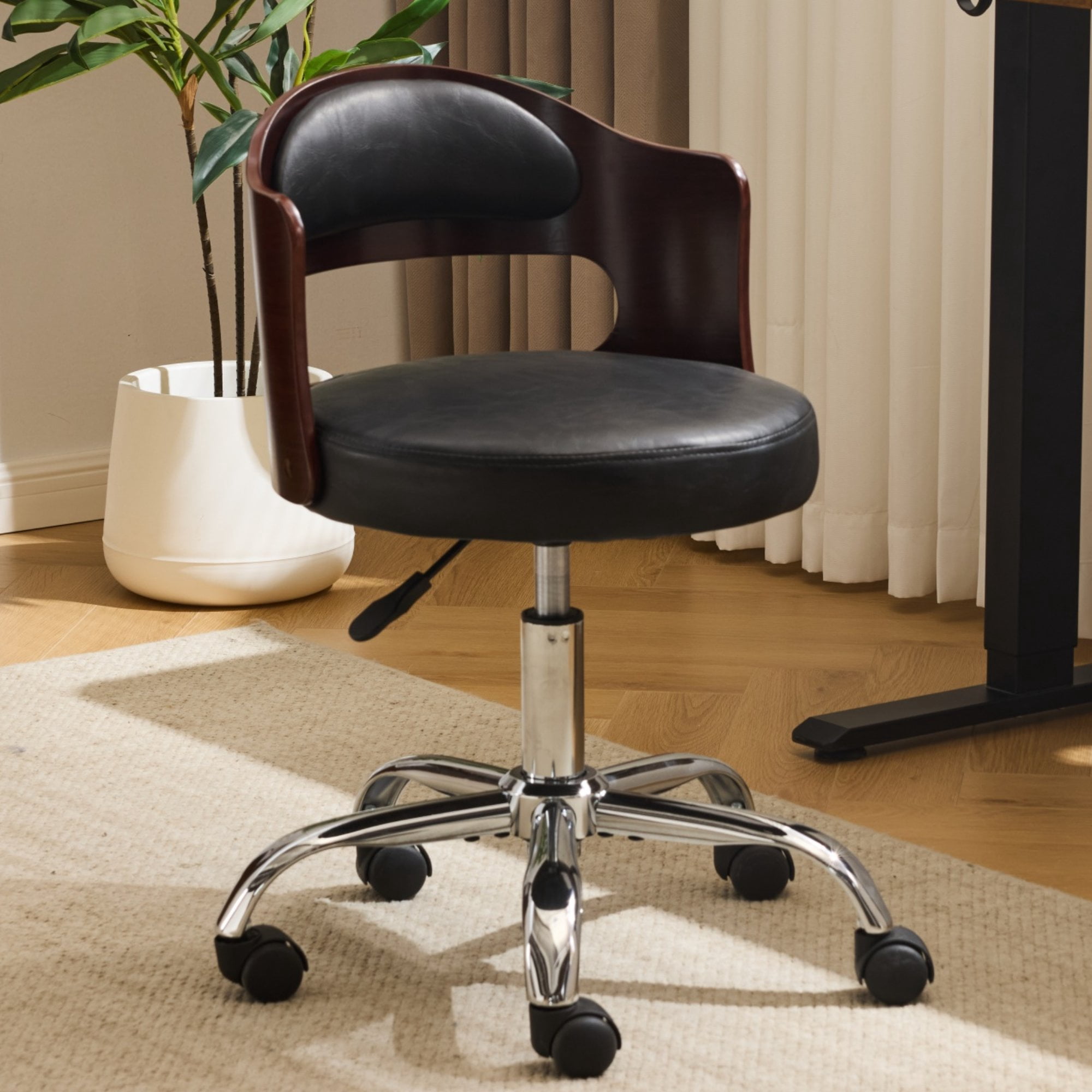 Zimtown Faux Leather Home Office Desk Chair, Swivel Rolling Computer Chair, Adjustable Vanity Chair Modern Task Chair for Adults, Black