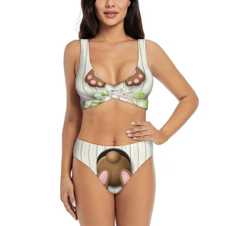 Zeuib Brown Bunny High Waisted Tummy Control Bikini Set - Knot Front Push Up Top & Cheeky Thong Bottom  Two-Piece Swimsuit for Women-XX-Large