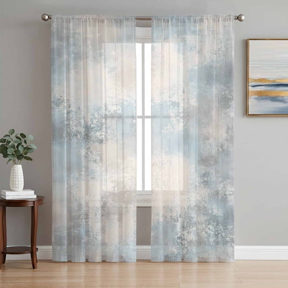 Aqua Beige Ombre Sheer Curtains 96 Inch Length 2 Panels Set, Vintage Modern Abstract Voile Window Treatment Semi Sheer Long Curtains Drapes for Bedroom/Living Room/Kitchen 52"x96"x2