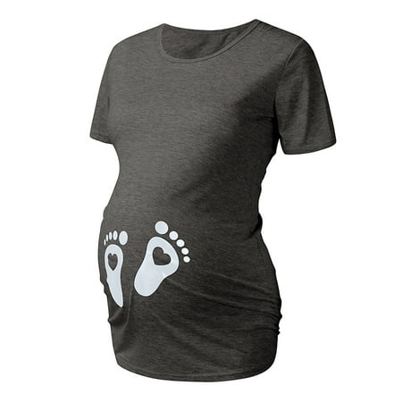 

Maternity Tops Women Maternity Short Sleeve Baby Feet Heart Print T-shirt Cartoon Graphic Tops Dark Gray XXL