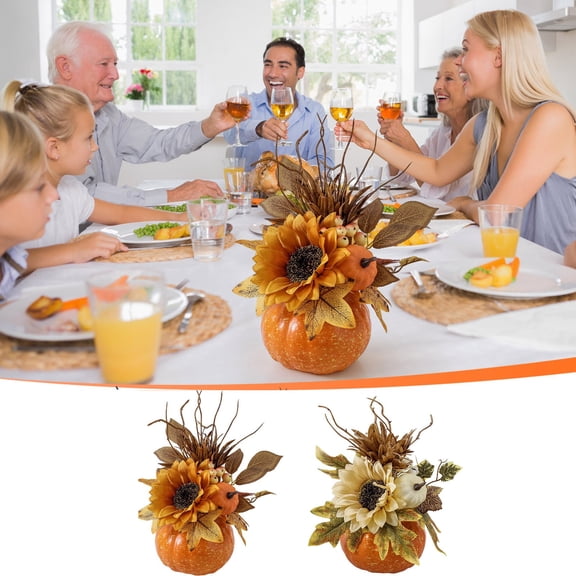 Large Harvest Pumpkin Figurine for Halloween Festival, Resin Tabletop Ornament with Maple Leaf and Sunflower Details, Warm Fall Decor for Living Room Desk, Entryway and Farmhouse Home Layout