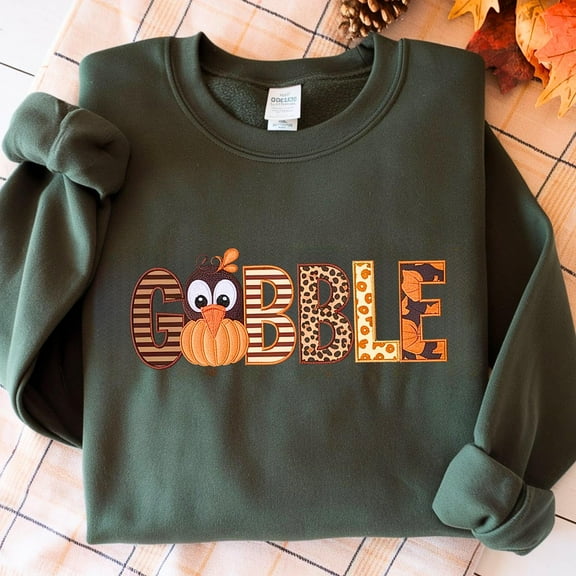 Gobble Embroidered Sweatshirt, Thanksgiving Turkey Embroidery Shirt, Family Matching Thankful Tee, Fall Season Gifts