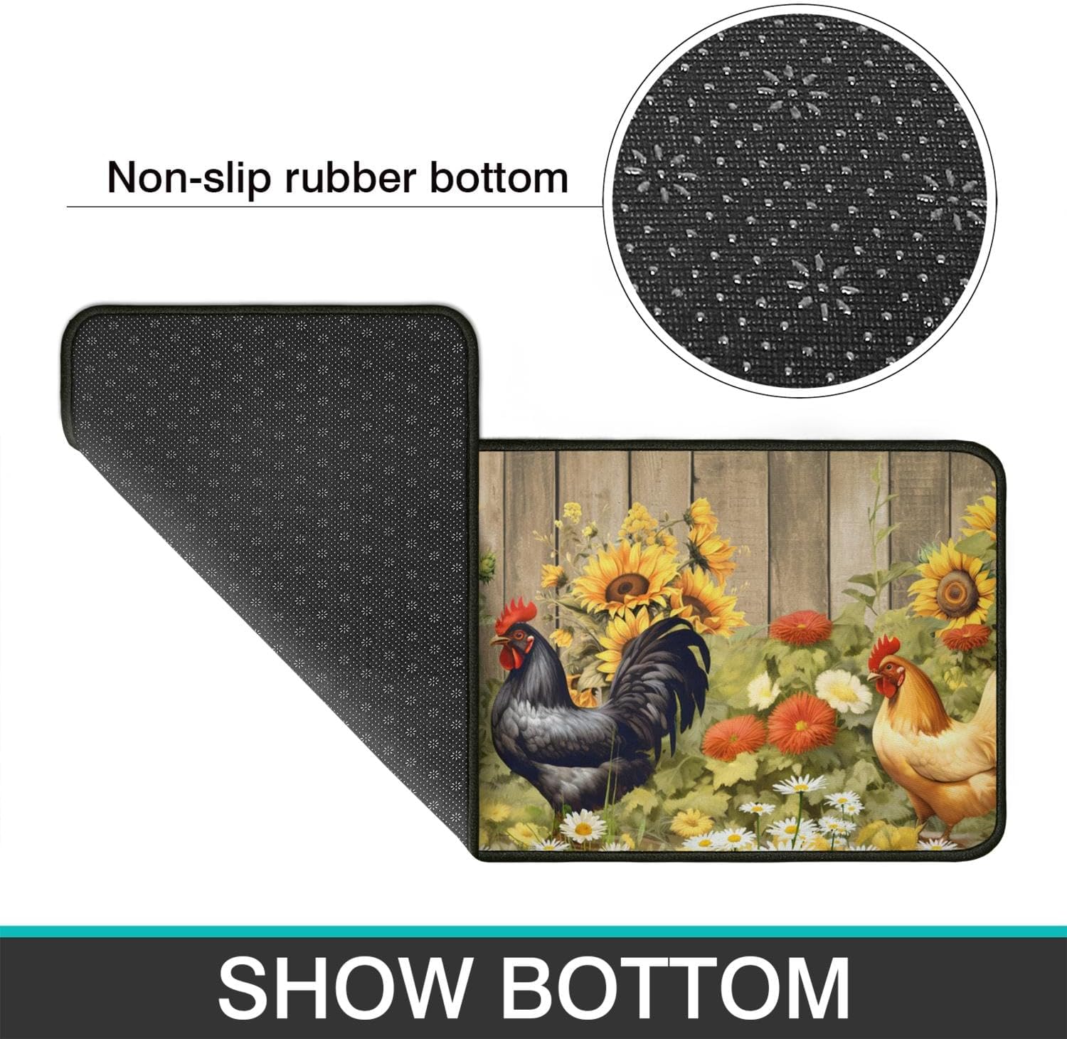 Rooster Theme Kitchen Rug 2 Piece Set, Farmhouse Sunflower Kitchen Decor Floor Mat, Absorbent and Non-Slip Washable Chicken Runner Rug 17"x47"+17"x30" (Rooster 6, 17"x47"+17"x30")