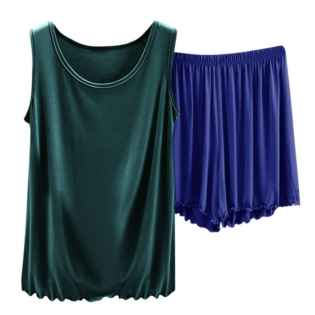 MeetoTime Pyjama pour Femmes Ensemble Extensible Ample Couleur Unie Haut Sans Manches Short Taille Élastique Ensemble Deux Pièces