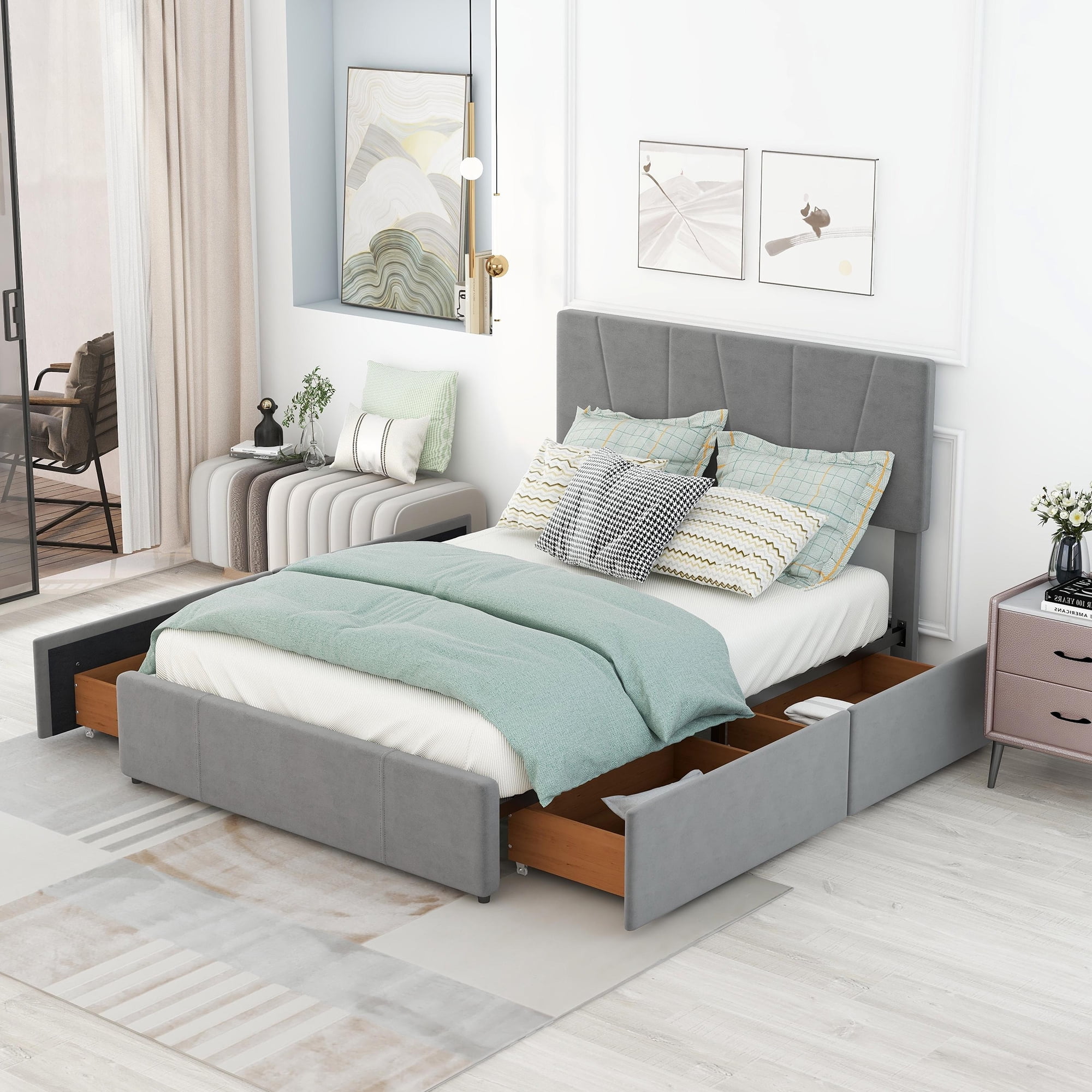 Aukfa Upholstered Platform Bed with 4 Storage Drawers, Velvet Full Bed