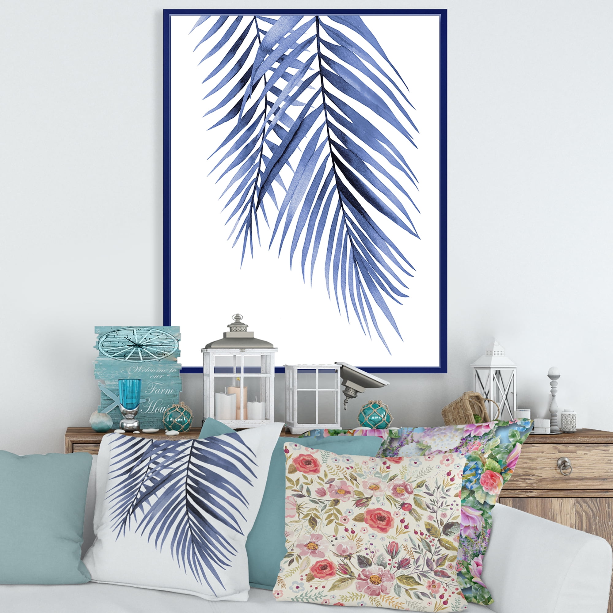 Designart 'Abstract Blue Palm Leaves Tropical Branches' Traditional Framed Canvas Wall Art Print