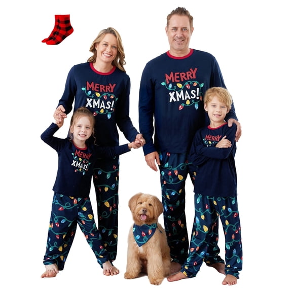PatPat Womens Pajama Sets Christmas Family Matching Pjs Holiday Long Sleeve Tops and Christmas Lights Pants with Socks, 2-Piece, Size M