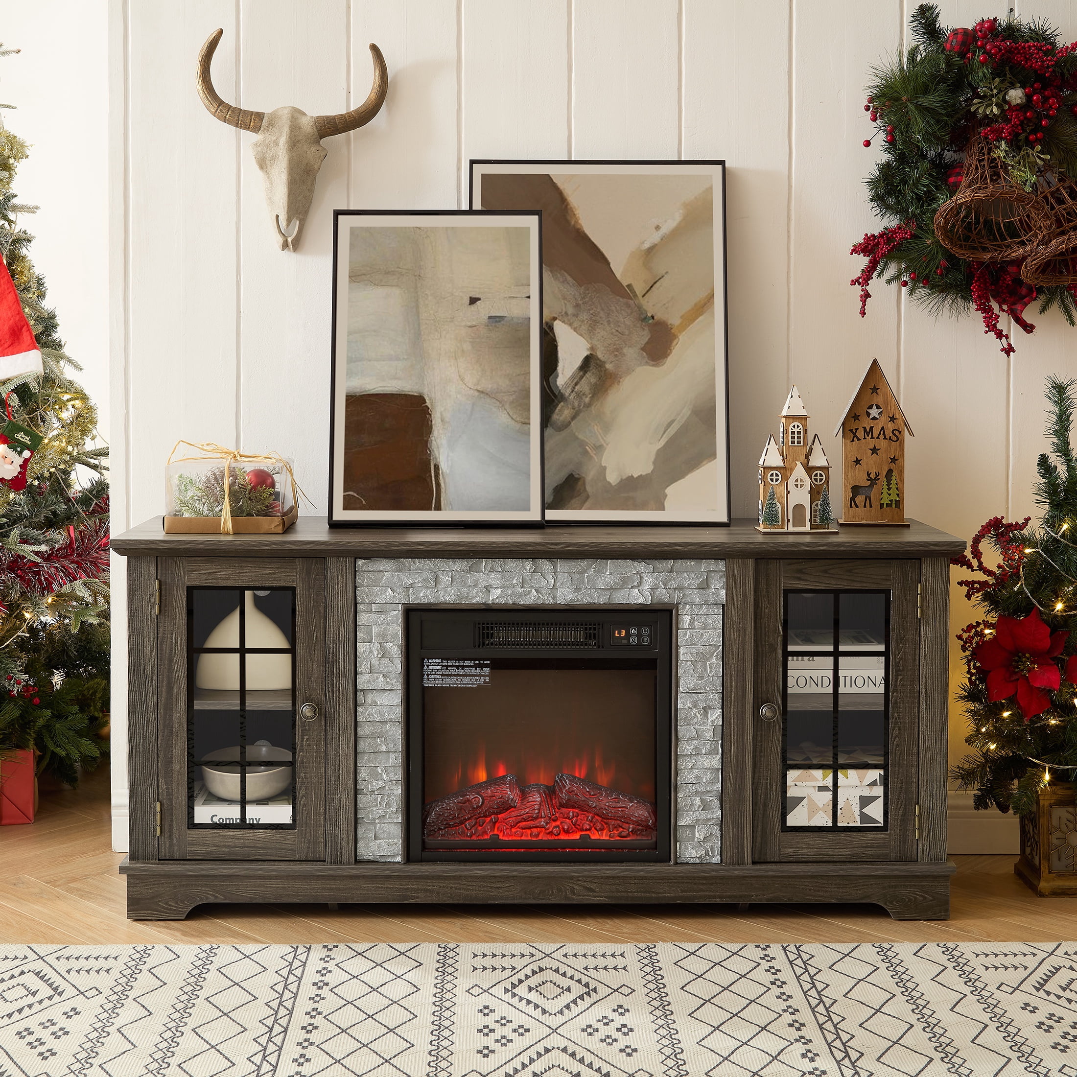 Electric Fireplace TV Stand for 65″ TVs, UHOMEPRO Fireplace Entertainment Center TV Console Table with 18″ Fireplace, 2-Door Storage Cabinets, Holds up to 200 lbs, Grey