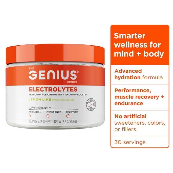 The Genius Brand Genius Electrolytes - Electrolyte Powder for Active Lifestyles - Supports Hydration, Energy, Endurance, Muscle Growth & Recovery - Lemon Lime - 30 Servings