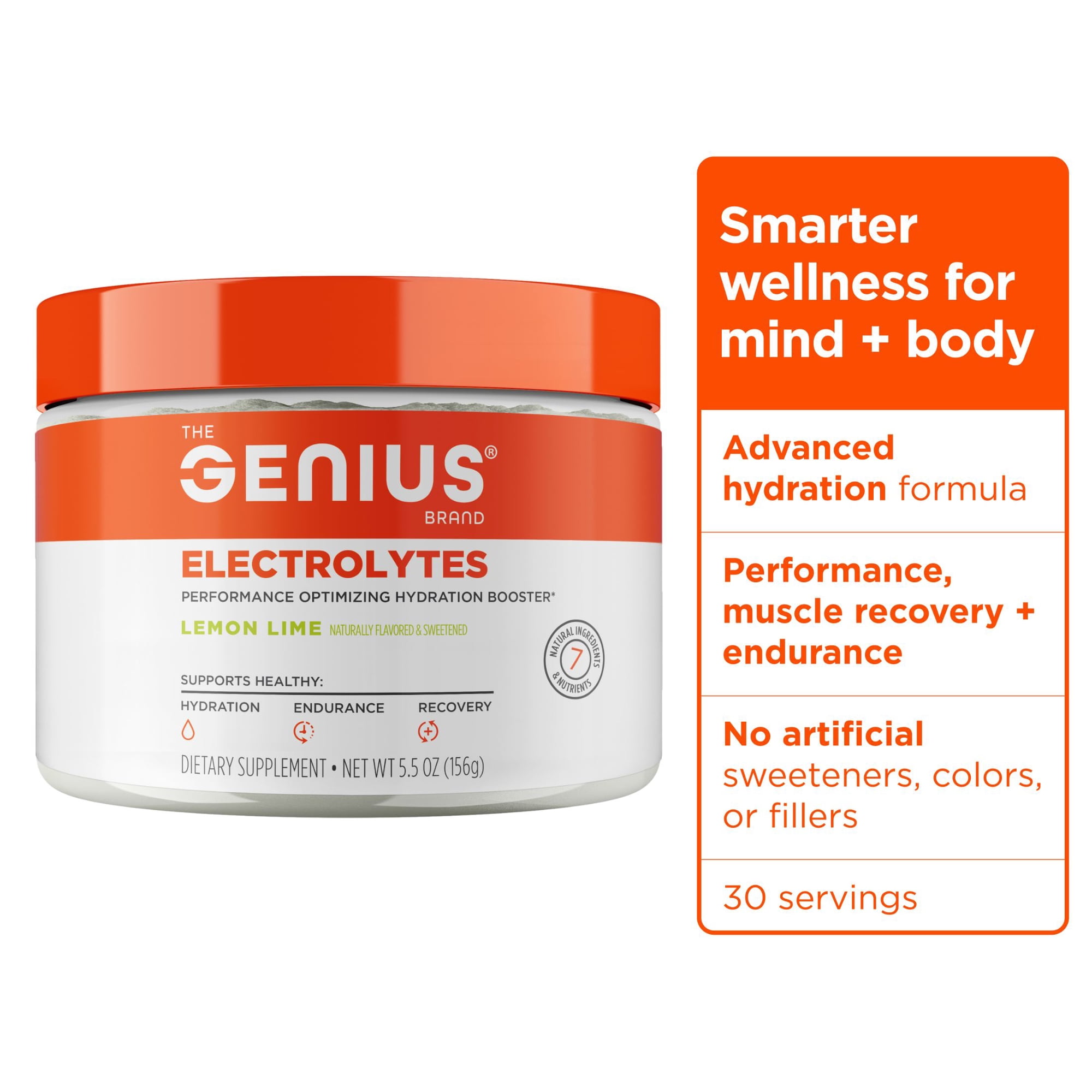 The Genius Brand Genius Electrolytes - Electrolyte Powder for Active Lifestyles - Supports Hydration, Energy, Endurance, Muscle Growth & Recovery - Lemon Lime - 30 Servings
