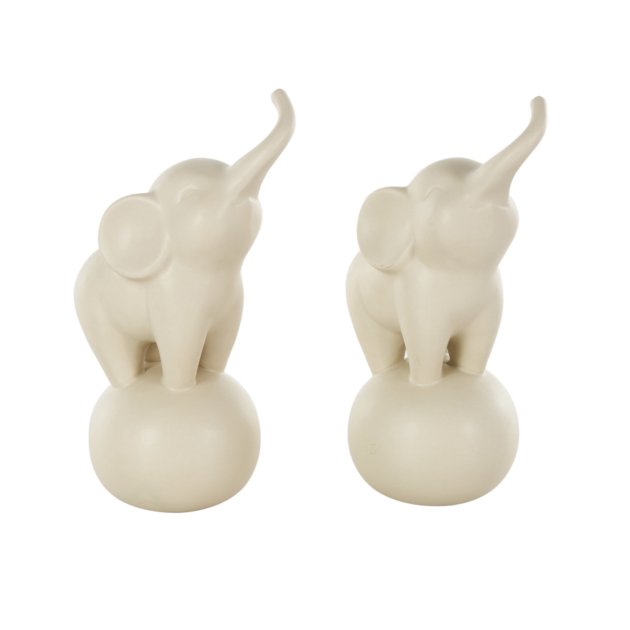 6"W, 11"H White Ceramic Trumpeting Elephant Sculpture with Round Base, by DecMode (2 Count)