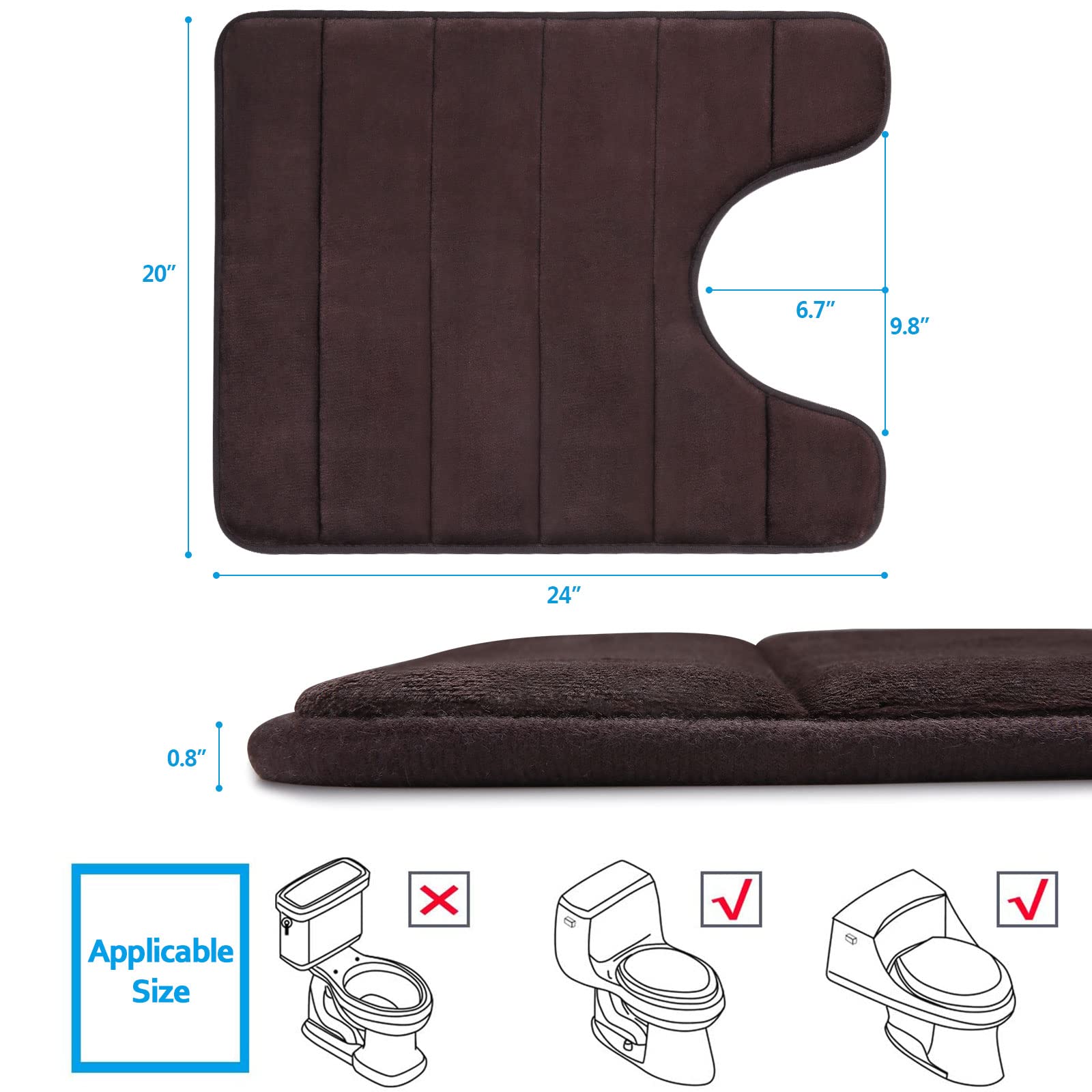 Smiry Memory Foam Bathroom rugs Toilet mats, U-Shaped Contour Carpet, 20" x 24", Coffee - image 5 of 8